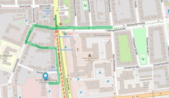 Straßenkarte des Viertels um die Hohe Straße 141 mit eingezeichneter Umleitung