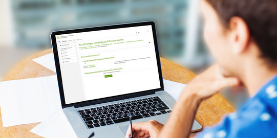 Frau am Laptop Eine Frau schaut auf ihren geöffneten Laptop.